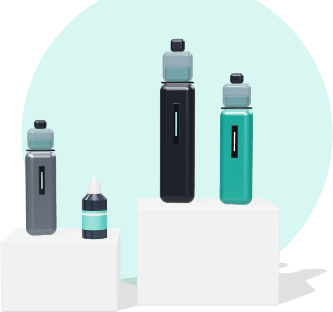Pod devices and an e-liquid bottle on display